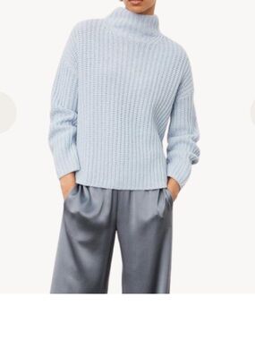 Vince Lofty Rib Peri Blue Wool and Cashmere Blend Turtleneck Sweater